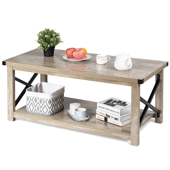 KDTHTF Rustic Accent Coffee Table, Metal X Frame Side Cocktail Table with Storage Shelf, Living Room Vintage Sofa Table, Durable Engineered Wood, Grey Wash