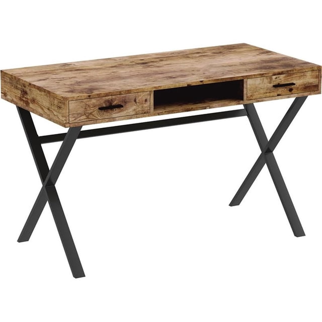 Pemberly Row 47"L 2-Drawers 1-Shelf Metal Computer Desk in Brown Reclaimed Wood