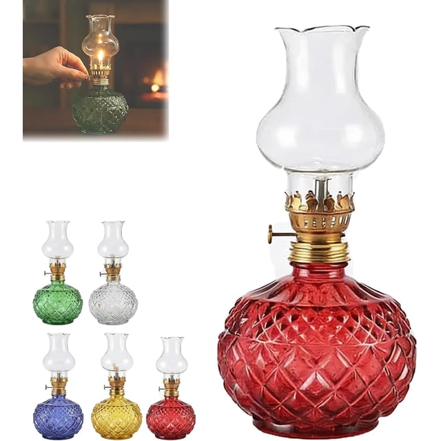 Vintage Style Oil Lamp with Glass Candle Holder, Retro Glass Clear Kerosene Lamp Lantern, Clear Hurricane Oil Lamps for Table Centerpiece, Wedding Decor, Farmhouse Rustic Home Decor (Red)