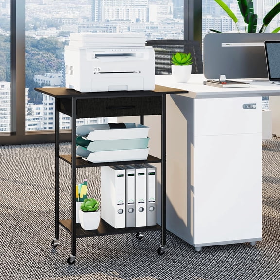 TV Tray with 3-Tier Heavy Duty Rolling Printer Cart, Fabric Drawer and Storage Shelf Tray, Mobile Industrial Cart Fit for Heat Transfer Press, Scanner, Fax Machine