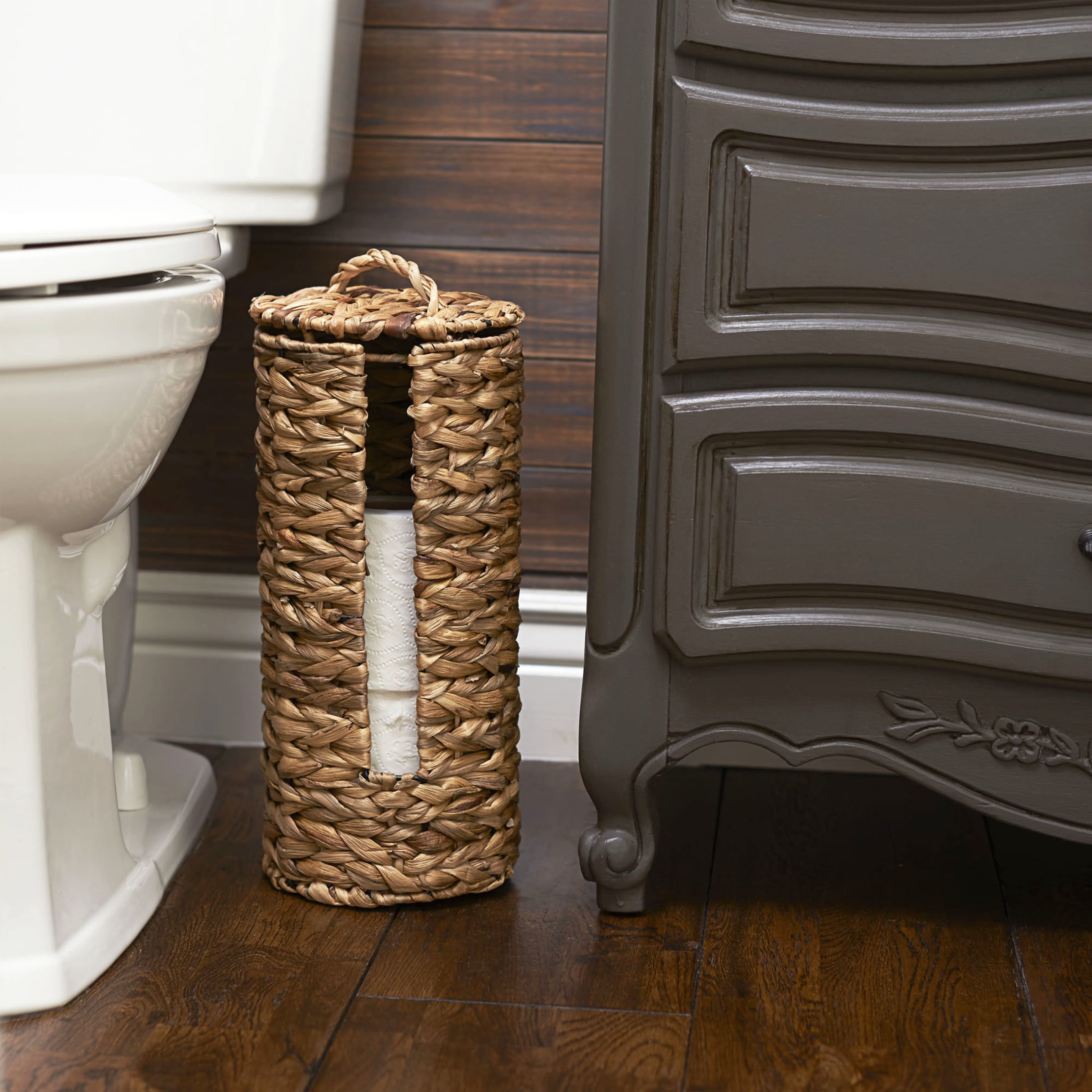 Household Essentials Wicker Toilet Paper Roll Holder, Handmade, Water Hyacinth Weave, Steel Frame, Removable Lid with Access Slot, and Eco-Friendly, Natural