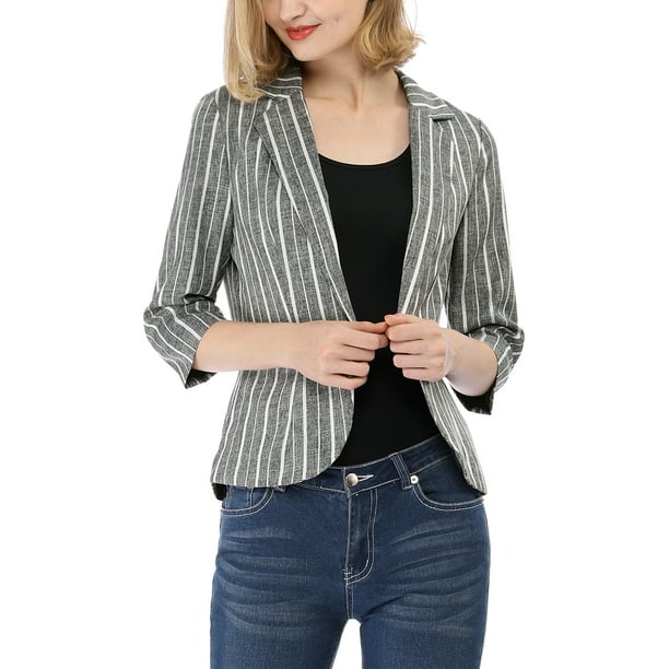 Blazer a rayas para mujer INSPIRE CHIC de 3/4 de mangas, casual, de frente abierto y con solapa muesca, 2XL, gris oscuro