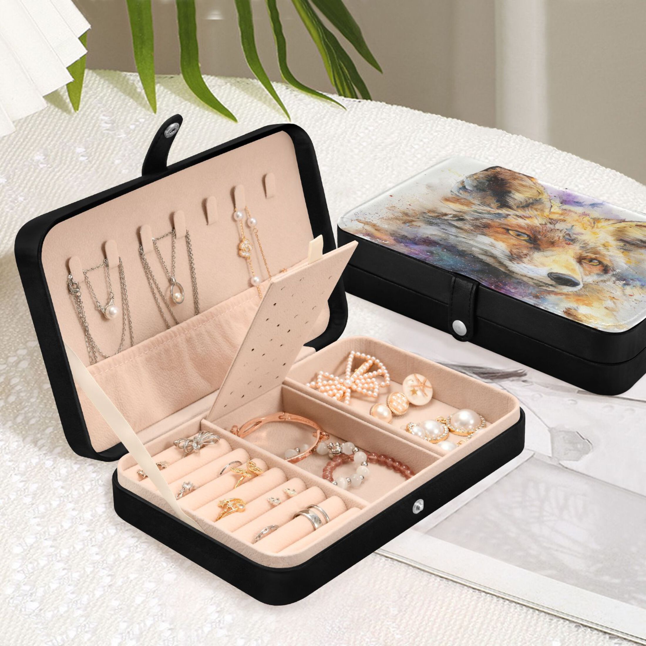 Leather Jewelry Box Rectangular 8.27x5.5x1.78In Travel Jewelry Storage Earrings Necklace Bracelet Watch Brooch Storage Watercolor Fox