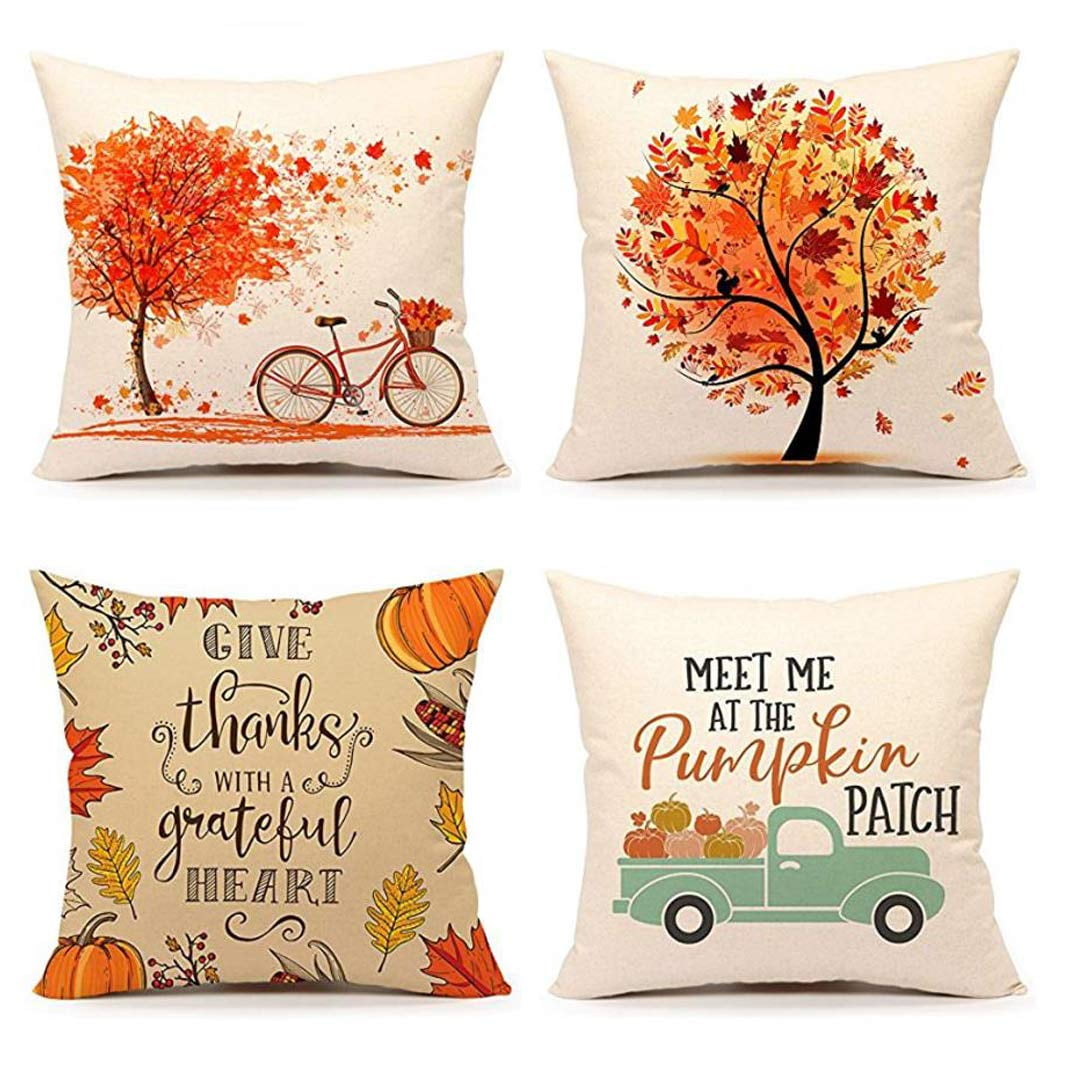 SUFAM Set of 4 Pillow Cases Autumn Leaf Fall Pumpkin Maple Bicycle