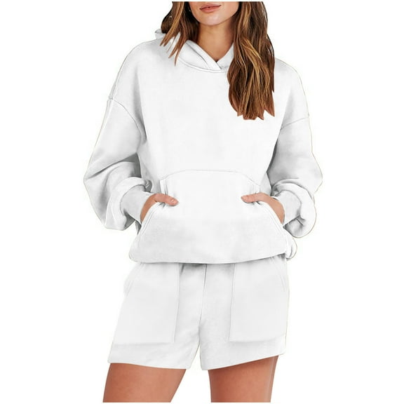 Turilly Women's Clothes Sets for Comfort Women's Fashion Casual Drawstring Hooded Long Sleeve Hoodie Tops Sweatshirt with Pocket and Shorts Suits Set