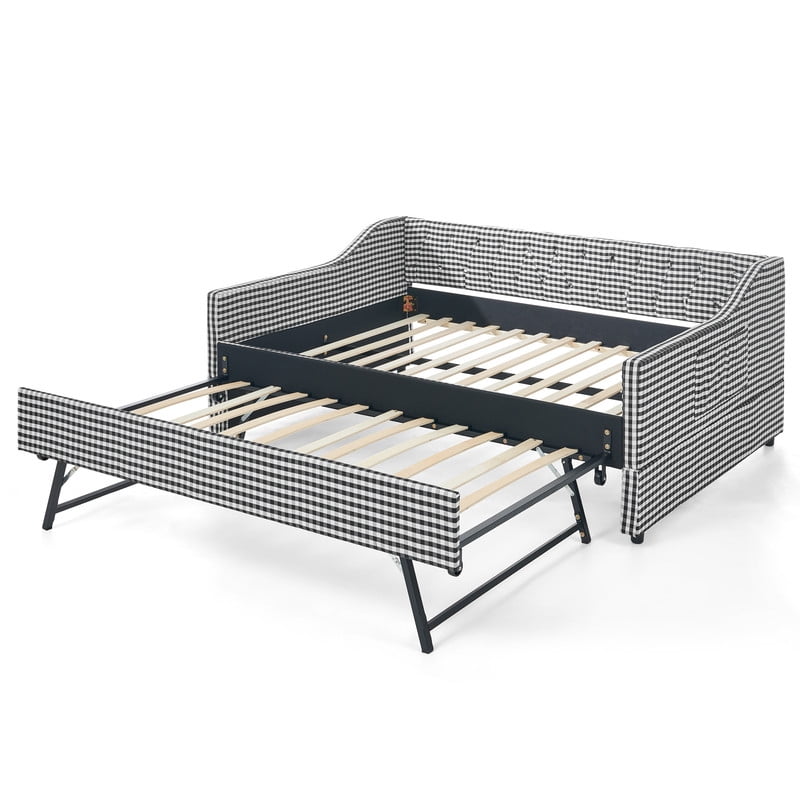 Full Size Daybed with Pop Up Trundle, Gingham Upholstered Daybed Frame with Tufted Button Backrest and Side Storage Pocket, Modern Sofa Bed for Living Room Bedroom