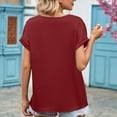 thumbnail image 4 of JWZUY Short Sleeve Shirt for Women Loose Satin Top Guipure Lace V Neck Silk Blouse Wine S, 4 of 7