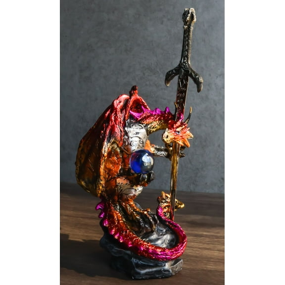 Red Metallic Fire Knight Dragon With Orb and Gothic Sword Letter Opener Figurine