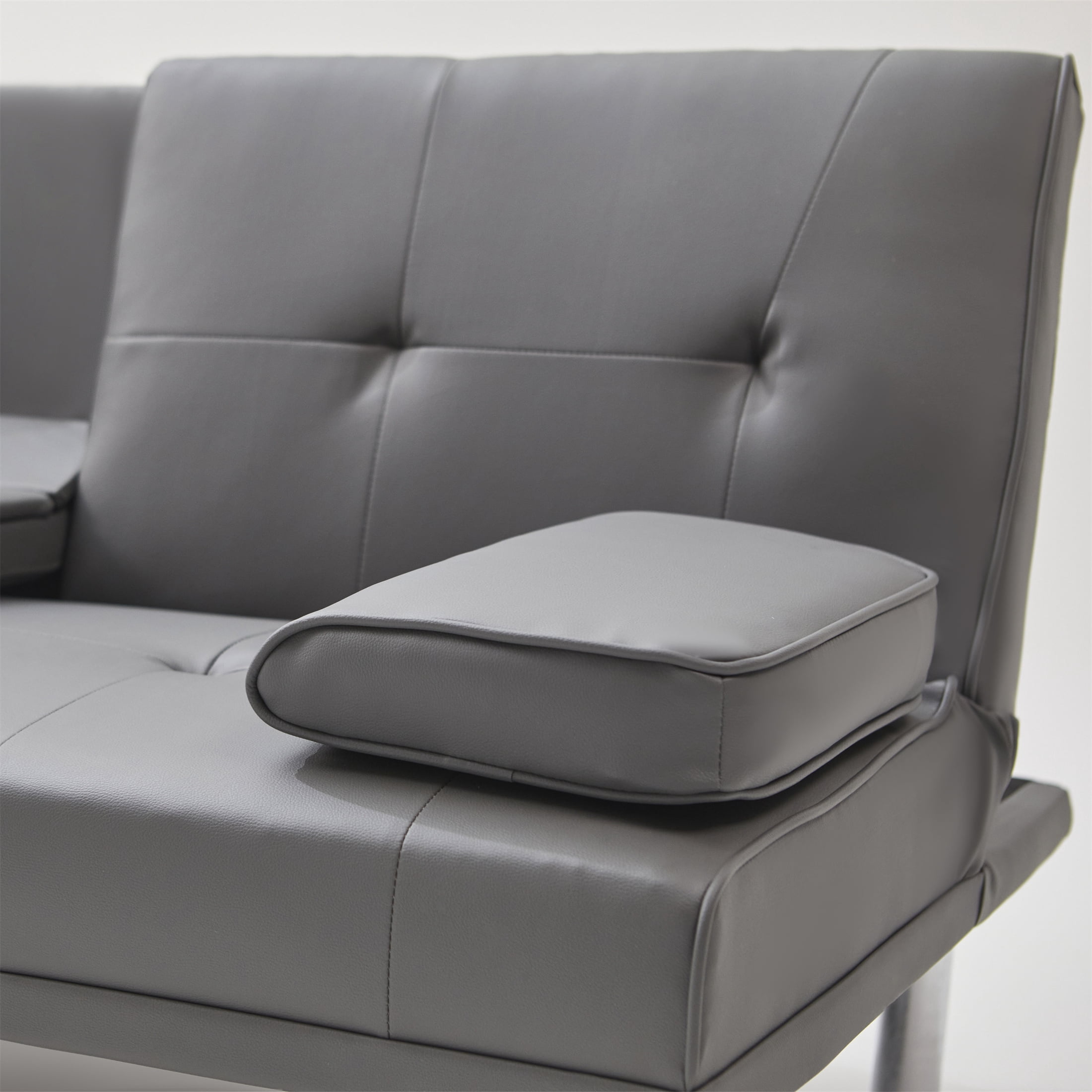 Aukfa Leather Futon Convertible Sofa Bed, 2 Cup Holders Twin Size, Gray
