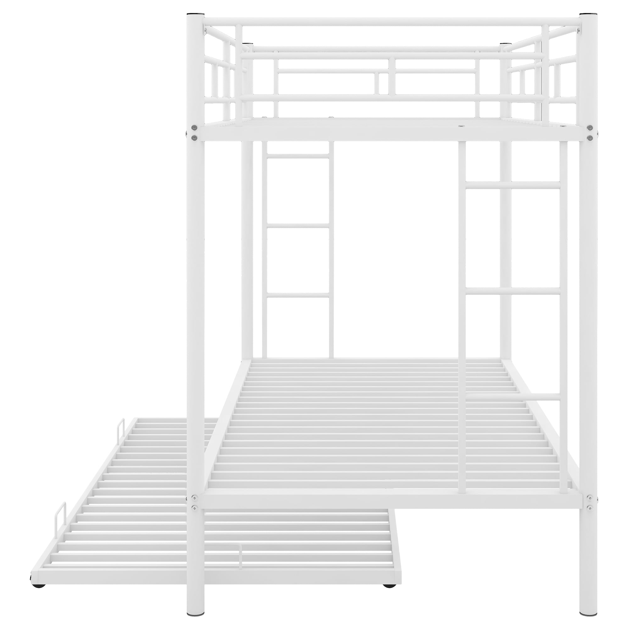 Euroco Metal Twin Bunk Bed with Trundle, 3 Beds for Kids and Teens, Solid Ladder and Safety Guardrails, White