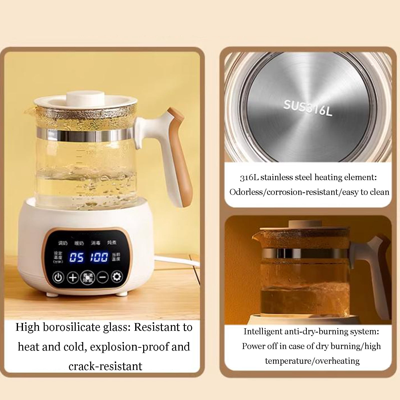 Glass Electric Kettle, 1.3L Capacity, Multi-function Insulation Soup Kettle, Split Intelligent Tea Maker for Tea, Hot Water and More