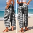 thumbnail image 4 of Plaid Barrel Pants for Women Summer 2026 Casual Loose Wide Leg Lounge Trousers Striped Capri with Pockets Gray XL, 4 of 6