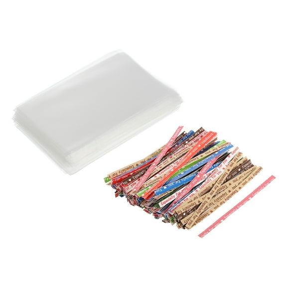 Uxcell Clear Plastic Bags for Candy 3.5"x2.5" with 3" Paper Twist Tie Mixed Color 100 Set