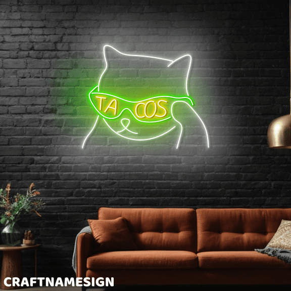 Craftnamesign Cool Cat Tacos Neon Light Wall Sign, Mexican Restaurant LED Wall Decor