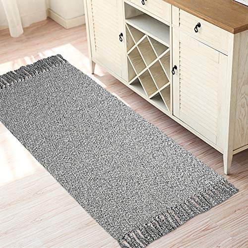 2X44, A Brown Woven Cotton Rug with Tassels,HiiARug Cotton Throw Mat Carpet Washable Area Rug for Living Room Bedroom