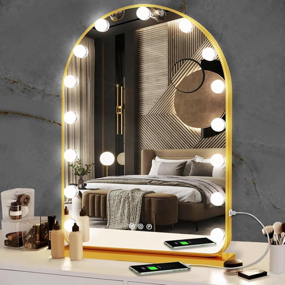 Gold Arch Hollywood Vanity Mirror with Lights for Makeup Desk Table Wall Detachable Base Stand X10 Magnifying Dimmable 3 Color Lights 15 Bulbs Gold Arch Hollywood Lighted Vanity Makeup Mirror