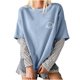 thumbnail image 1 of Blusa de manga larga de dos pines falsos con empalme a rayas y cuello redondo para mujer Pompotops gfhjh19697, 1 of 6