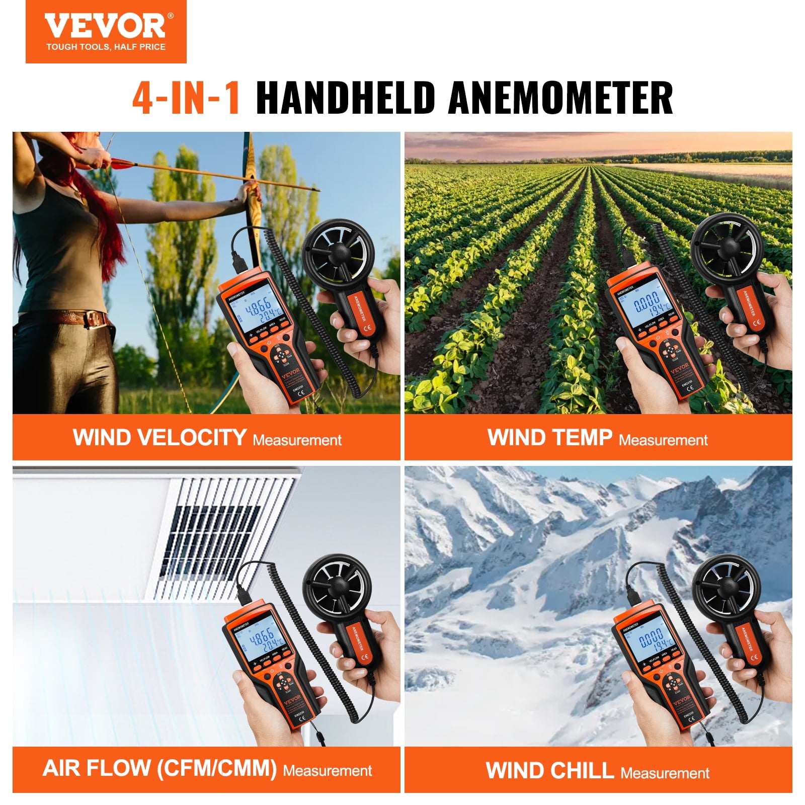 SKYSHALO Split Handheld Anemometer Digital Wind Speed CFM Meter Gauge 14-140???with LED