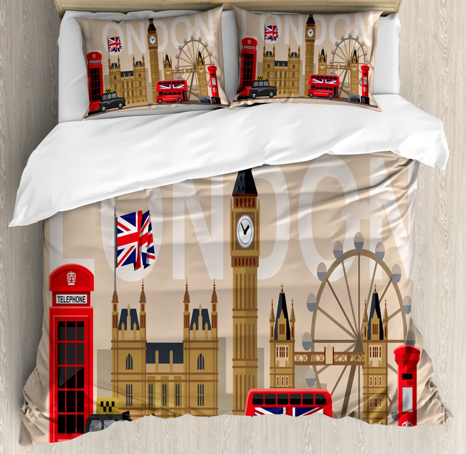 London Duvet Cover Set Queen Size, Famous Great Britain Landmarks Monuments Art Pattern