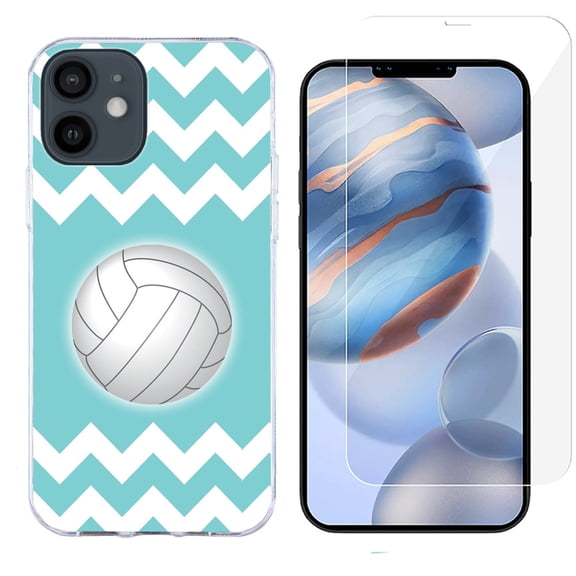 Slim-Fit Protective Phone Case compatible with iPhone 12 Mini, with Tempered Glass Screen Protector, by OneToughShield ® - Chevron/Teal/Volleyball