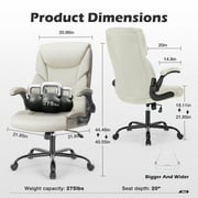 MCQ Home Ergonomic Office Chair, Heavy Duty Task Chairs with Wheels, Flip-up Arms, Adjustable Height, PU Leather, White
