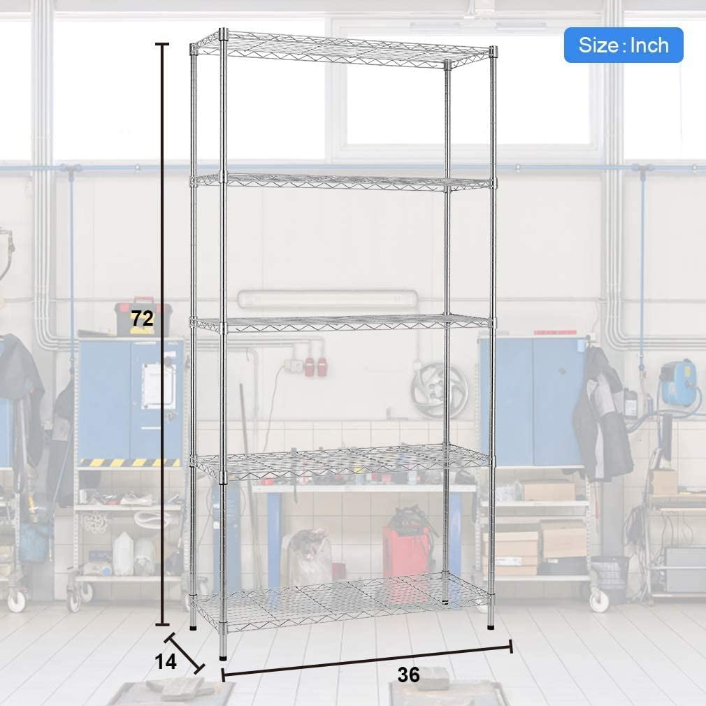 FDW 14''Lx36''Wx72''H 5-Shelf Steel Wire Freestanding Shelves, Silver