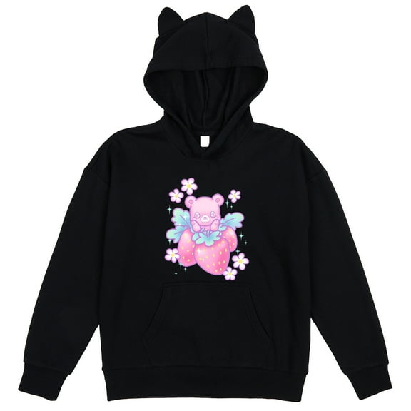 Strawberry Bear Youth Black Long Sleeve Hooded Sweatshirt With 3D Ears-Medium