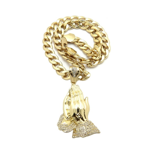 iJewelry2 Clear Crystals Praying Folded Hands Pendant with Gold-tone Cuban Chain Necklace 18''