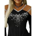 thumbnail image 3 of FASHIONWT Women Sexy Off-Shoulder Long-Sleeved Diamond-Studded Slim-Fit T-Shirt Top, 3 of 4