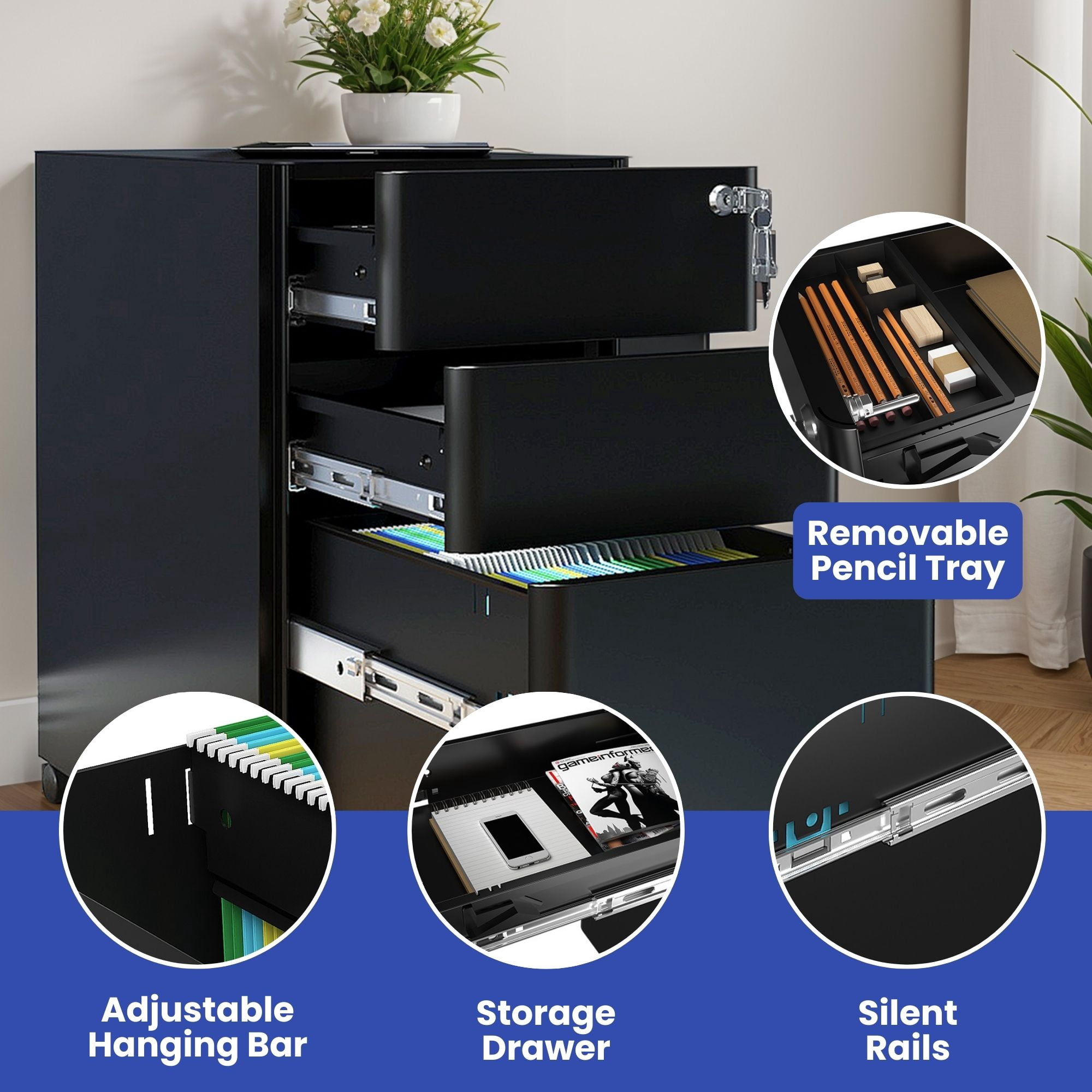 Wooflex Slim 3-Drawer Lockable File Cabinet for Home and Office – Mobile Steel Storage with Anti-Tipping Design, Caster Wheels, Durable Black Finish, Compact Document Organizer