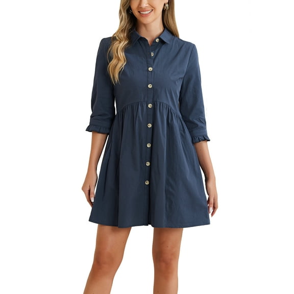 INSPIRE CHIC Women's Shirt Dress 3/4 Sleeve Button Down Mini Dresses L Navy Blue