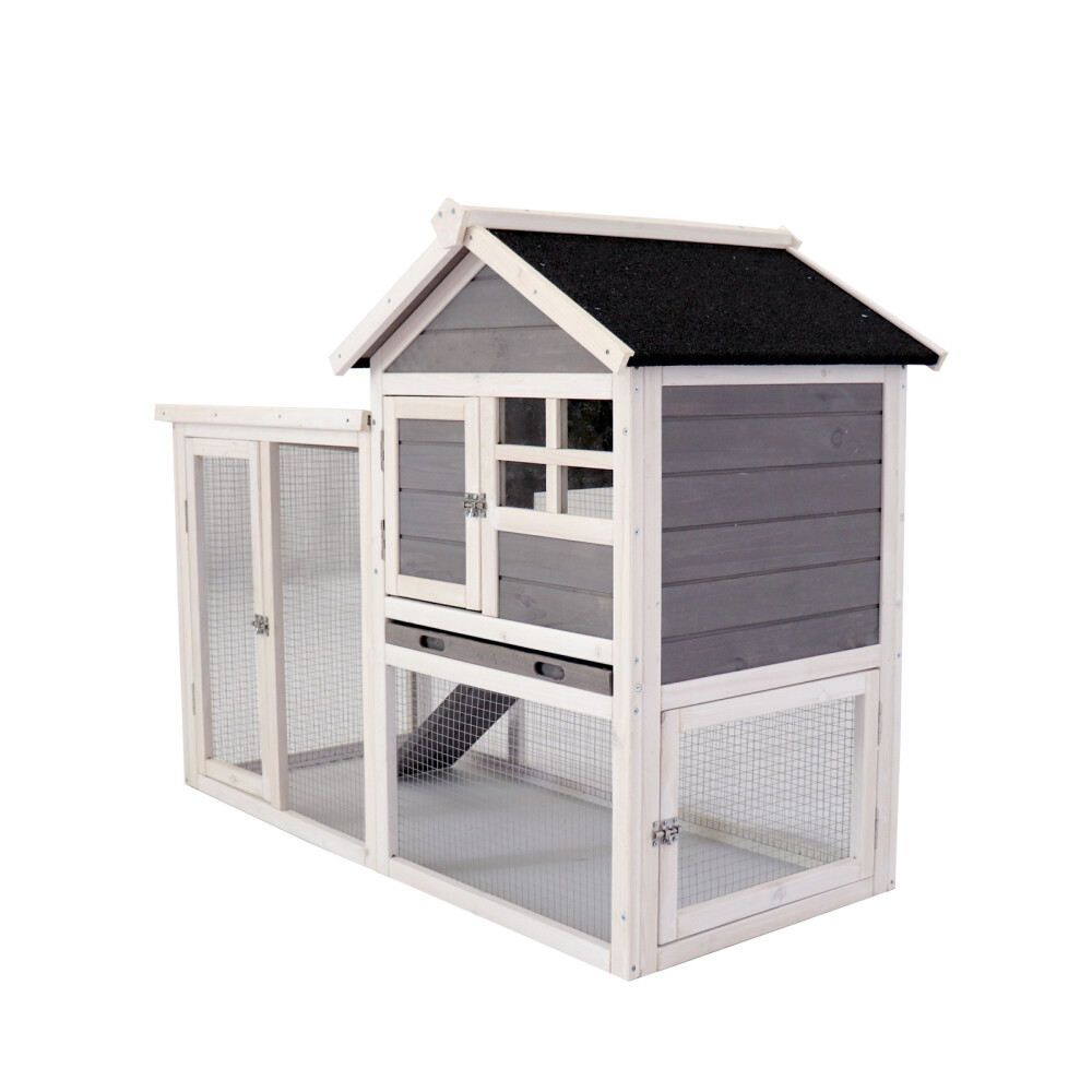 Deluxe Wooden Rabbit Hutch with Extended Play Area & Waterproof Roofs, Easy-Clean Pull-Out Tray, Solid Fir Wood Construction, Glass Windows & Anti-Bite Protection for 2-4 Pets