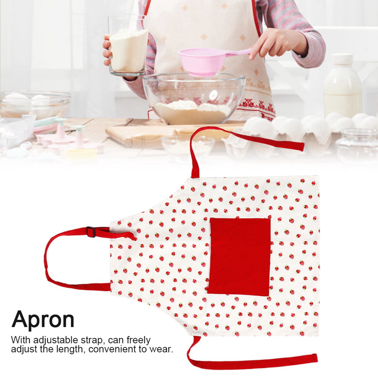 BIMZUC Kids Cotton Apron for Cooking, Baking, and Painting with Adjustable Neck Strap, Red Strawberry