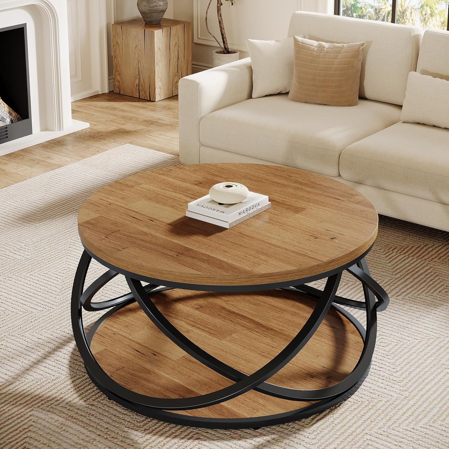 Tribesigns 31.5" Round Coffee Table, 2-Tier Circle Center Table with Metal Frame, Rustic Accent Cocktail Table for Living Room, Small Space, Brown & Black