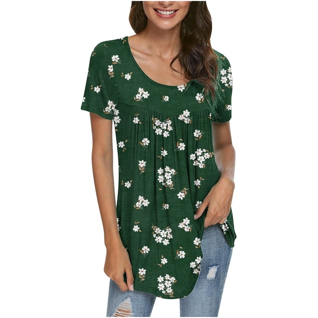 Pisexur Hauts pour Femmes 2023 Été Grande Taille Tuniques Décontractées à Col Rond Chemises à Manches Courtes Pétale Coupe Ample Blouse Mignonne
