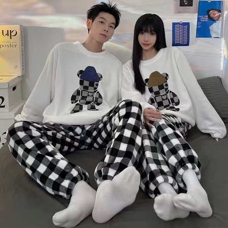 

CoCopeaunt Korean Style Couple Pajamas Pajamas Womens Autumn And Winter Thickened Velvet coral velvet household clothes warm Pajamas