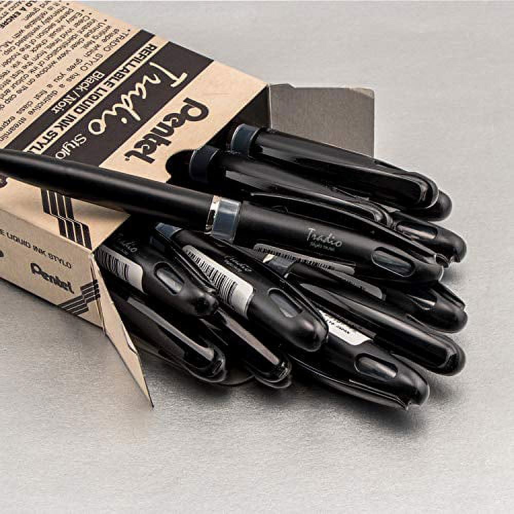 Pentel Tradio Fountain Refillable Black Ink Pen - Black Barrel (Pack of 12)