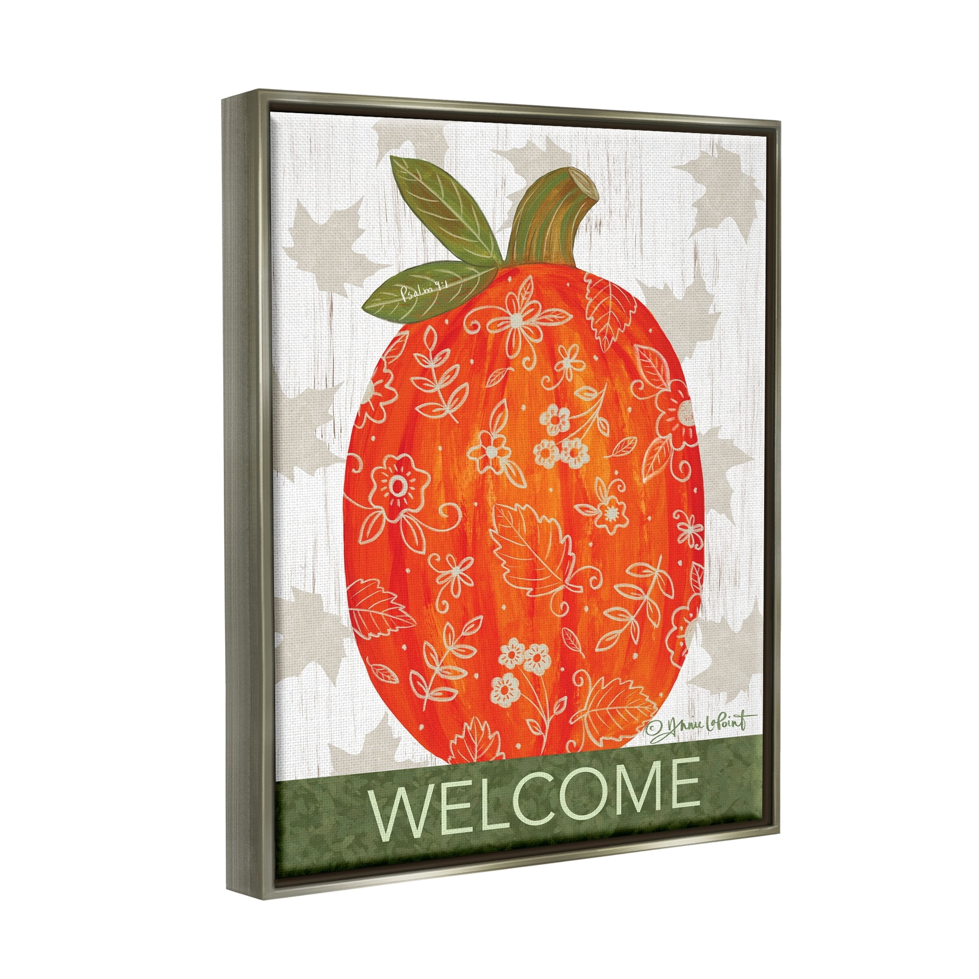 Stupell Industries Patterned Autumn Botanicals Pumpkin Welcome Sign Graphic Art Luster Gray Floating Framed Canvas Print Wall Art, Design by Annie LaPoint