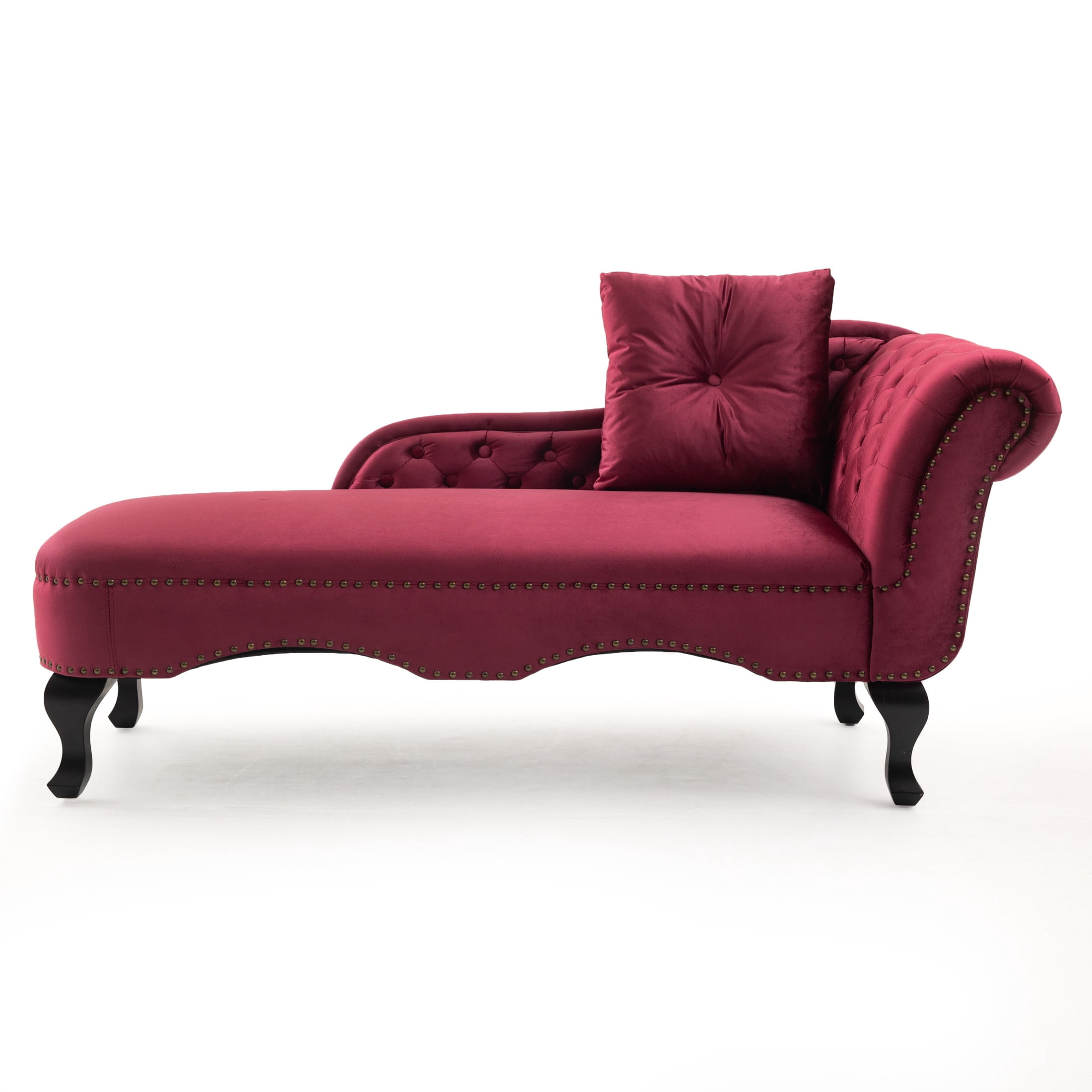 Christopher Knight Home 62" Luxury Velvet Chaise Lounge Bench with Pillow, Right Scrolled Backrest & Nailhead Trim, Burgundy