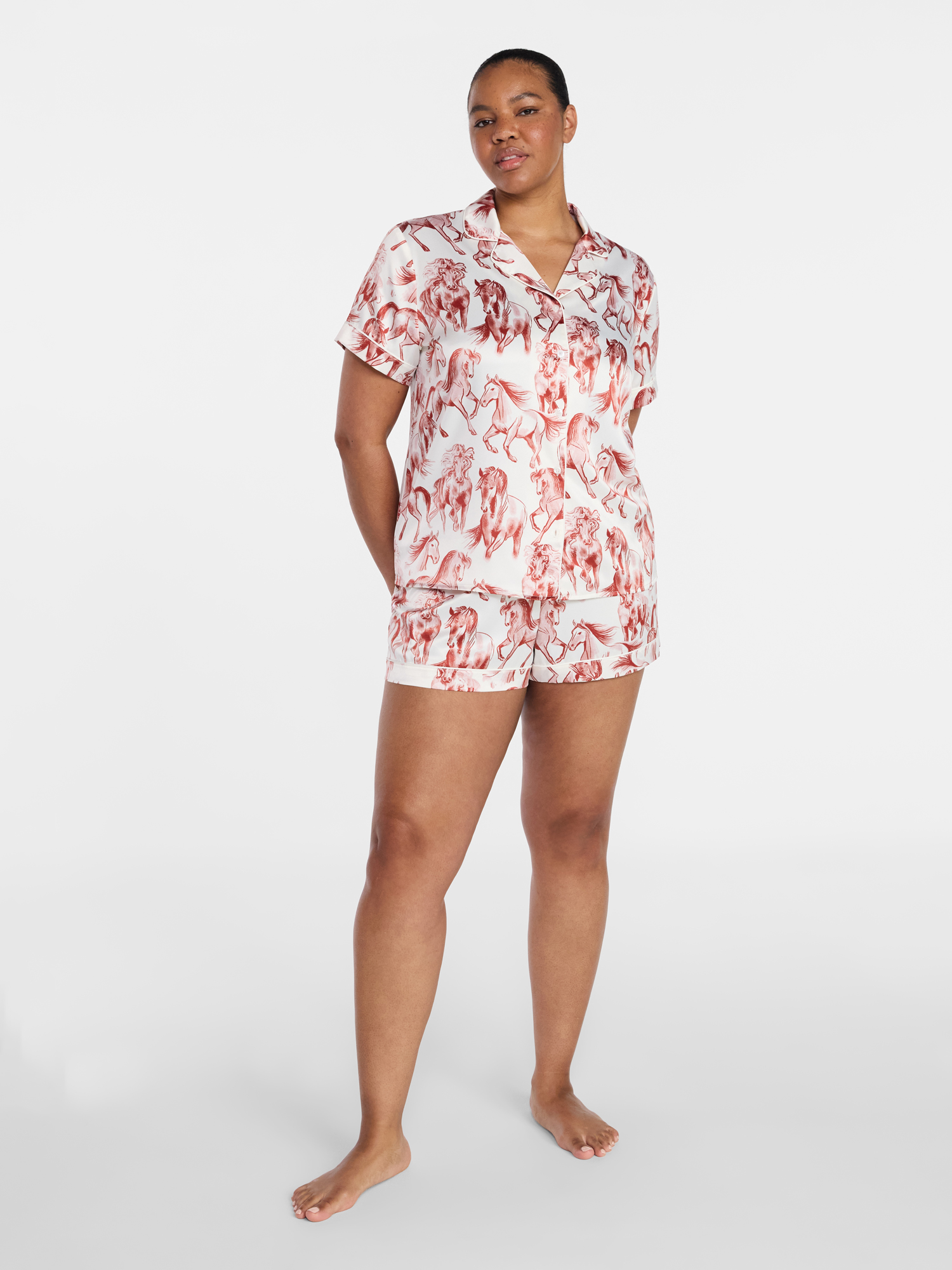 Joyspun Women’s Stretch Satin Short Sleeve Top and Shorts Pajama Set, Sizes XS-3X