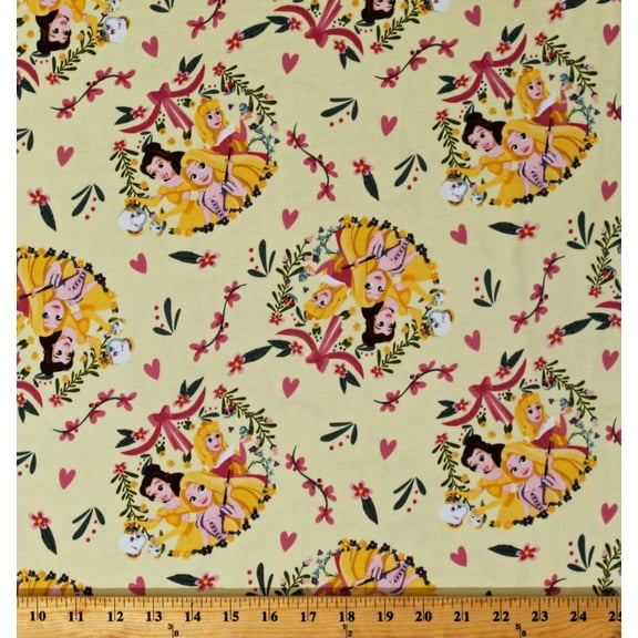 Knit Princess Friends Disney Princesses Belle Rapunzel Aurora Hearts Floral on Pale Yellow 58" Wide Cotton/Spandex Fabric by the Yard (66120-A320710)