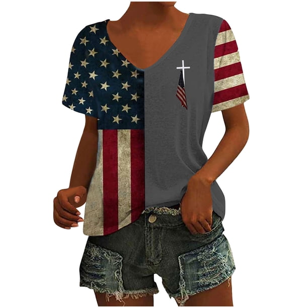 Tops Cortos para las Mujeres Día de la Independencia Patriótica Impreso Cuello en V, Manga Corta Top Casual para Diario, Fiesta Y Todas las Estaciones