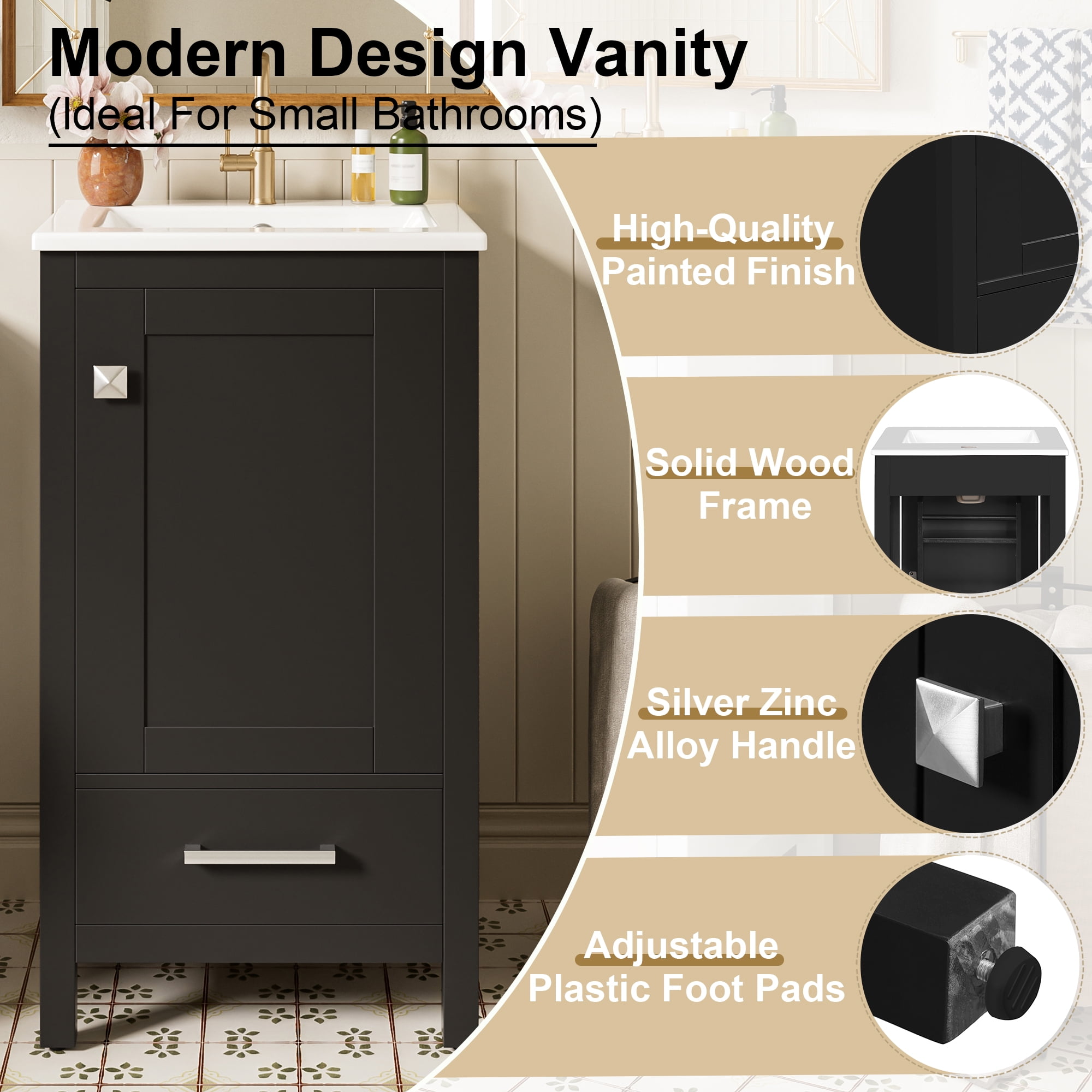 18" Sturdy Wood Small Bathroom Storage Cabinet, Bathroom Organizer Cabinet with Soft Close, Compact Vanity Unit for Small Spaces with Ceramic Sink for Bathroom, Black
