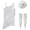 thumbnail image 4 of TiaoBug Kids Girls Shiny Tassel Latin Dance Dress Salsa Rumba Tango Outfits with Gloves Hat Set White 14, 4 of 5