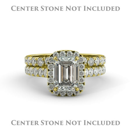Emerald Semi Mount Ring - Emerald Halo Semi Mount Matching Band Round Diamond Engagement Ring 18k Yellow Gold