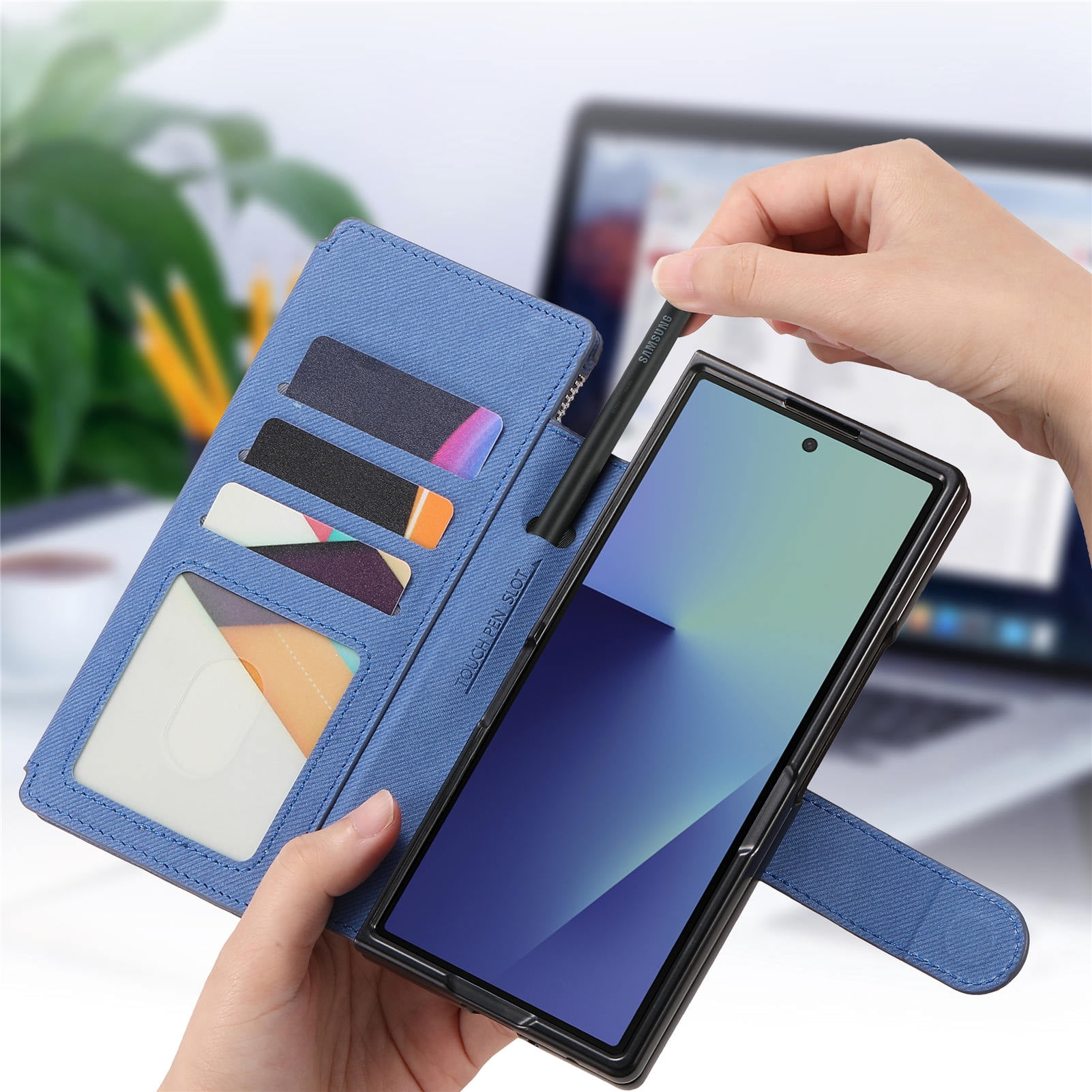 Allytechgroup for Samsung Galaxy Z Fold 3 Flip Case, Support Wireless Charging Anti-Scratch Built-in Grip Ring Shock-Absorbent PU Leather Protective Cover for Samsung Galaxy Z Fold 3, Blue