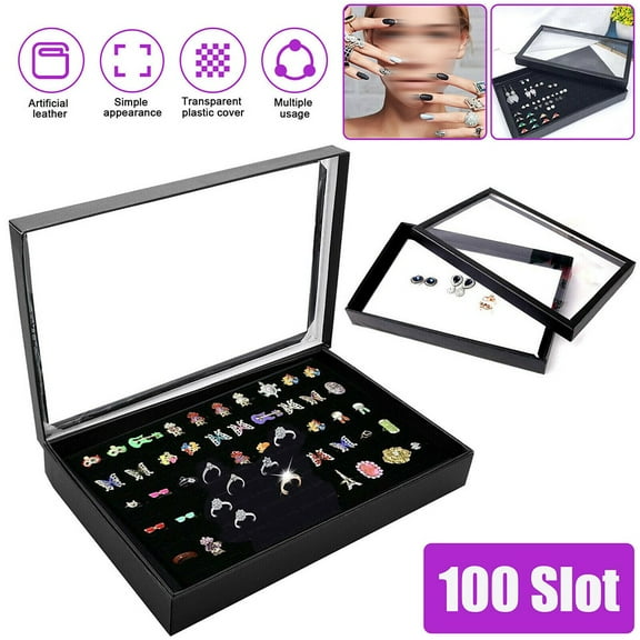 100 Slots Jewelry Ring Display Organizer Tray Holder Earrings Storage Box Case