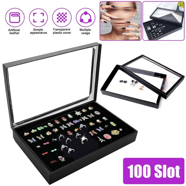 Bgsha 100 Slots Jewelry Ring Display Organizer Tray Holder Earrings Storage Box Case