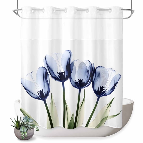 No Hook Shower Curtain with Built-in Rings - Royal Blue Tulip Floral Washable Waterproof Fabric Bathroom Curtains for Hotel,Rentals, 72 X 78 Inch Long , Watercolor Flowers