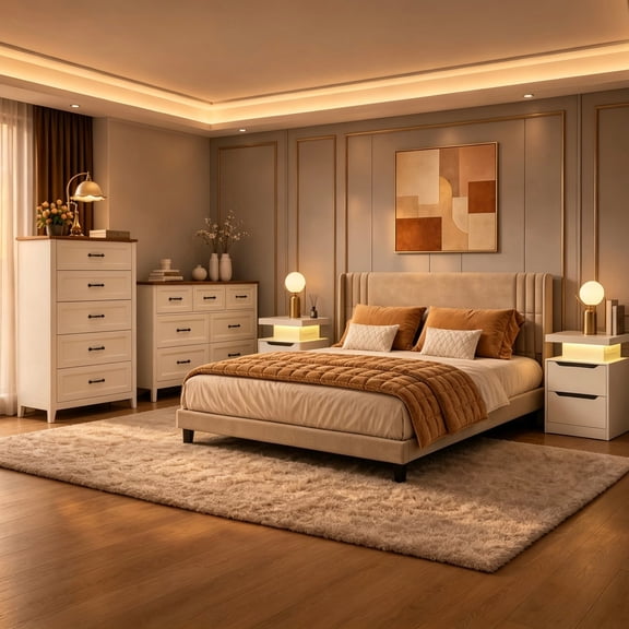 4-Piece Bedroom Furniture Set, Queen Bed Frame with Wingback Headboard, 2-Drawer Nightstand with Metal Handles, Tall 5-Drawer and Wide 7-Drawer Dresser with Anti-Tip Safety -Beige&White
